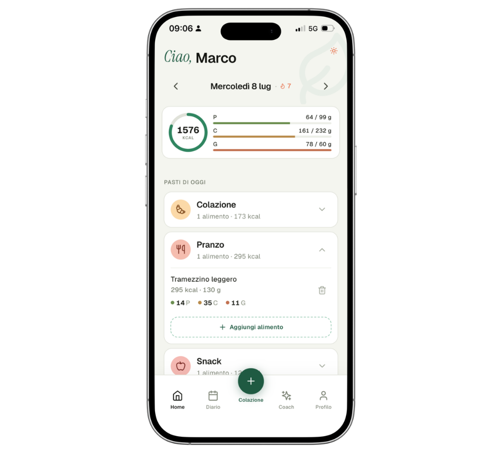 Schermata di NutriApp con diario alimentare e macro del giorno